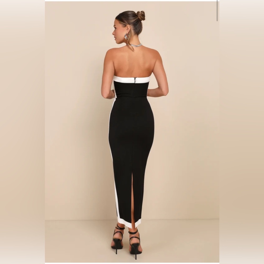 New Lulus Impressive Edge Black Color Block Strapless Midi Dress Size Large - Picture 4 of 5